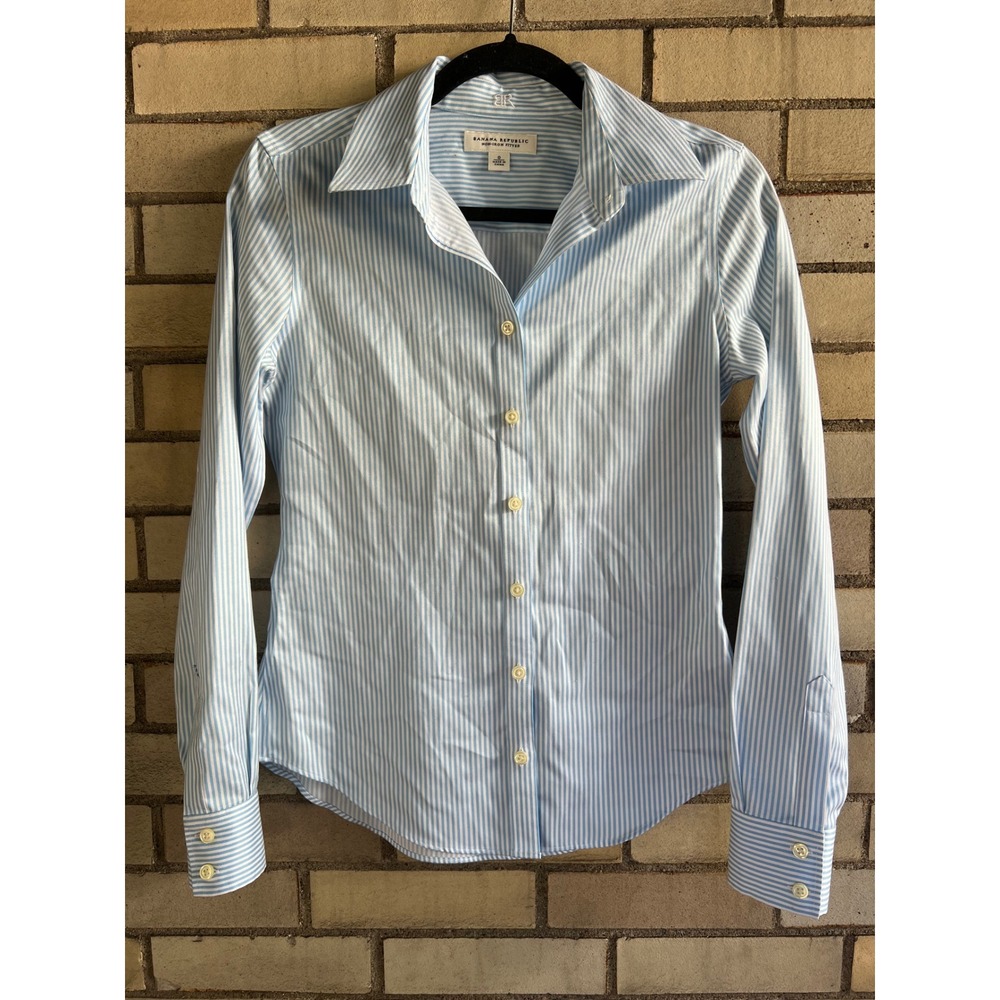 Banana Republic Blue White Striped Non-Iron Fitted Button Down Dress Shirt Sz 0